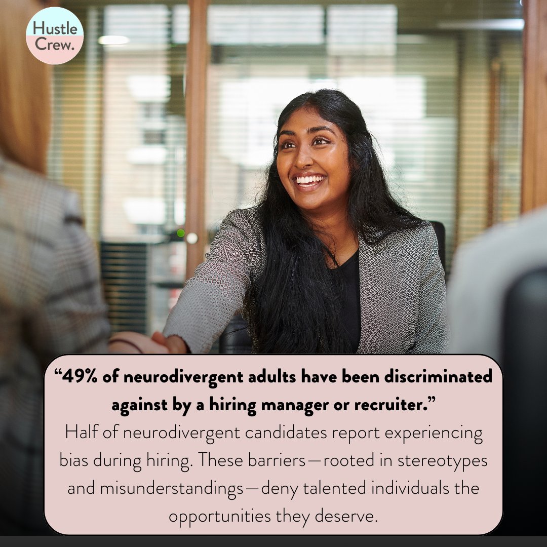 hustlecrewlive's tweet photo. Nearly half of neurodivergent adults report facing discrimination during the hiring process. From bias over "team fit" to being ghosted after disclosing their neurodivergence, these barriers keep talented individuals from thriving. https://t.co/zJ8khjYb8B