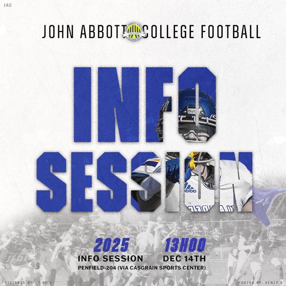 Saturday Dec. 14 at 13:00
Join us to meet the Coaches, tour the Campus and learn about our Football Program
For all graduating high school athletes. Parents are invited.
E-mail JACFootball@johnabbott.qc.ca for more info.

💻 <a href="/it/">back</a>.reid