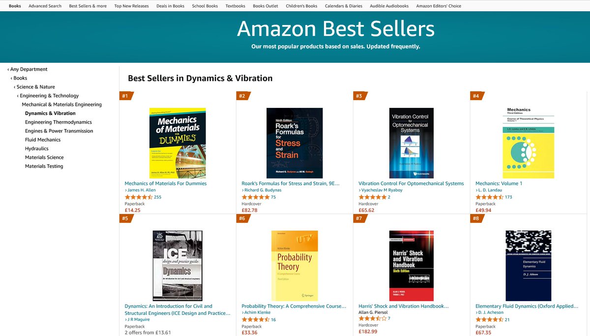 My book is on Amazon's bestsellers list under #3 between Roark's Formulas and Lev Landau's Mechanics! I am speechless. 
doi.org/10.1142/12290 
#photonics #vibrationcontrol #optomechanics #optics