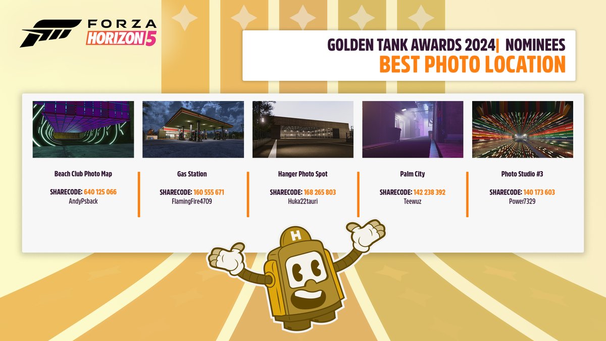 Presenting your nominees for the 2024 Golden Tank Awards! Kicking things off with the best places to pull out your camera, here are the nominees for "Best Photo Location."

Vote now! aka.ms/GoldenTankAwar…