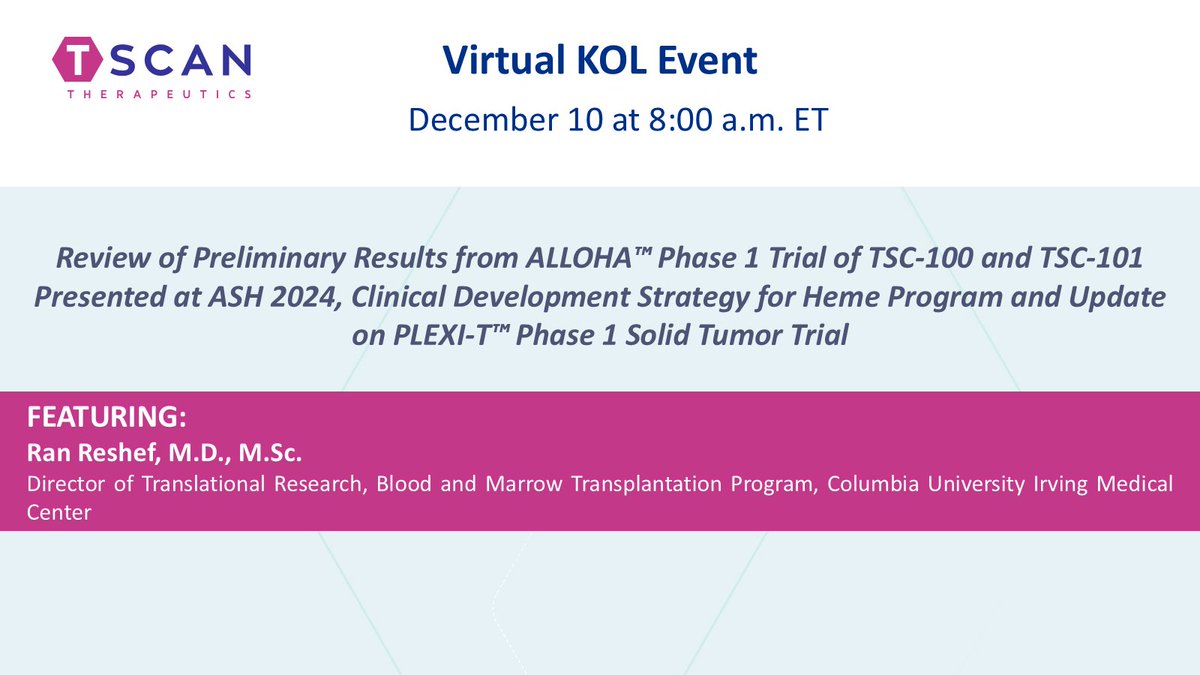 Yesterday we announced we’ll host a virtual KOL event on 12/10 at 8am ET to discuss data from the ALLOHA™ Phase 1 trial presented at #ASH24, our clinical development strategy for the heme program and an update on the PLEXI-T™ Phase 1 solid tumor trial. bit.ly/4ghDzkx