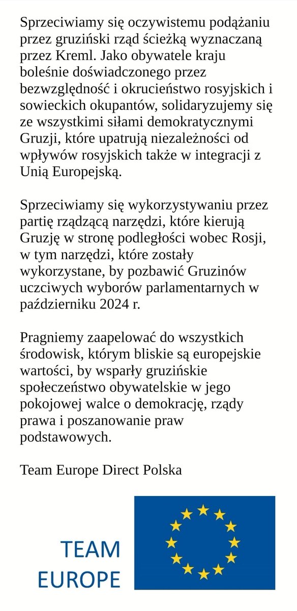 Team Europe Direct Polska (@teameuropepl) on Twitter photo Stanowisko expertów i ekspertek <a href="/TeamEuropePL/">Team Europe Direct Polska</a> w sprawie sytuacji w #Gruzja 👇🇬🇪
Cc: <a href="/EUinPL/">Komisja Europejska</a> <a href="/Europarl_PL/">Parlament Europejski w Polsce</a> <a href="/KancelariaSejmu/">Sejm RP🇵🇱</a> <a href="/PremierRP/">Kancelaria Premiera</a> Stanowisko expertów i ekspertek <a href="/TeamEuropePL/">Team Europe Direct Polska</a> w sprawie sytuacji w #Gruzja 👇🇬🇪
Cc: <a href="/EUinPL/">Komisja Europejska</a> <a href="/Europarl_PL/">Parlament Europejski w Polsce</a> <a href="/KancelariaSejmu/">Sejm RP🇵🇱</a> <a href="/PremierRP/">Kancelaria Premiera</a>