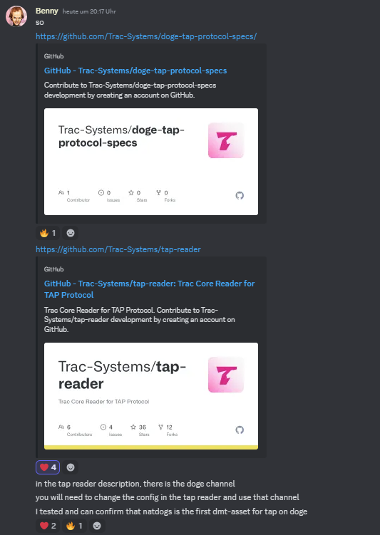 dmtnatdogs's tweet photo. Benny posted just now in the @muchdegen discord that "I tested and can confirm that natdogs is the first dmt-asset for tap on doge"
you know what this means #Natdogs
https://t.co/3QyfiqJWDw https://t.co/BNlm9X7r7t