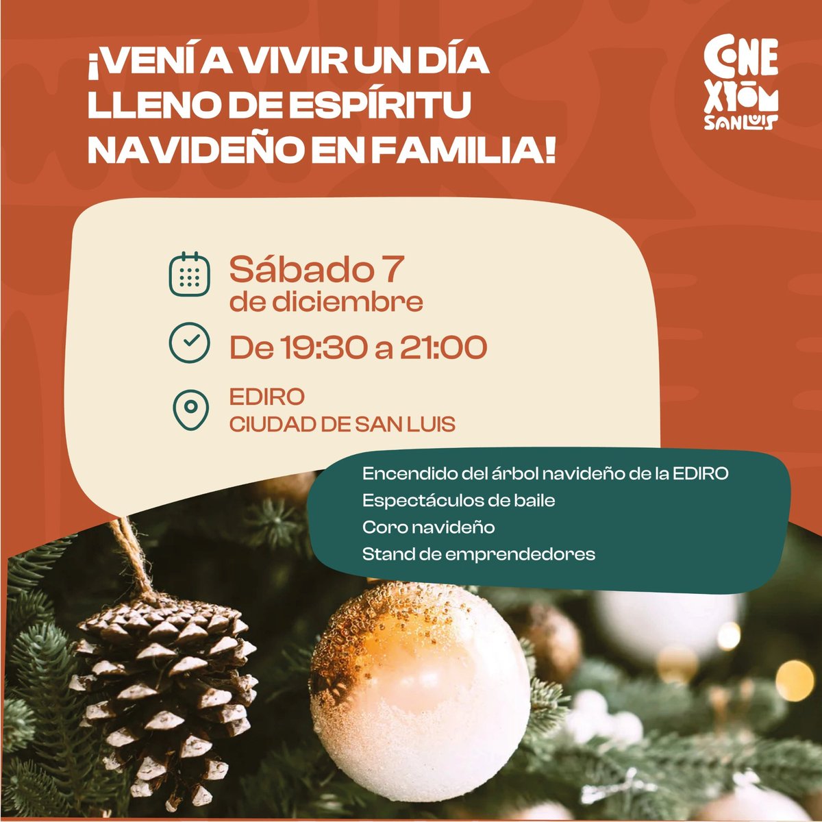 🗓 El sábado 7 de diciembre de 19:30 a 21:00 en la EDIRO ¡Te esperamos a vivir la Magia de la Navidad 🎄✨

¡La entrada es libre y gratuita! Vení con tu familia y disfrutá de una noche llena baile, canto y del encendido del arbol de navidad 🎄

#Edirosanluis
#sanluislaprovincia