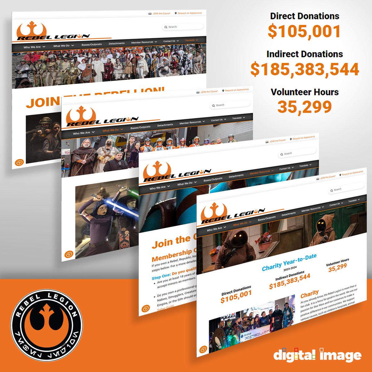 Over the past year, Digital Image has been excited to assist the Rebel Legion in launching their new website, helping to enhance their global charitable efforts and all-volunteer membership. We’re happy to continue supporting their mission to make a lasting impact worldwide.🌏🤝