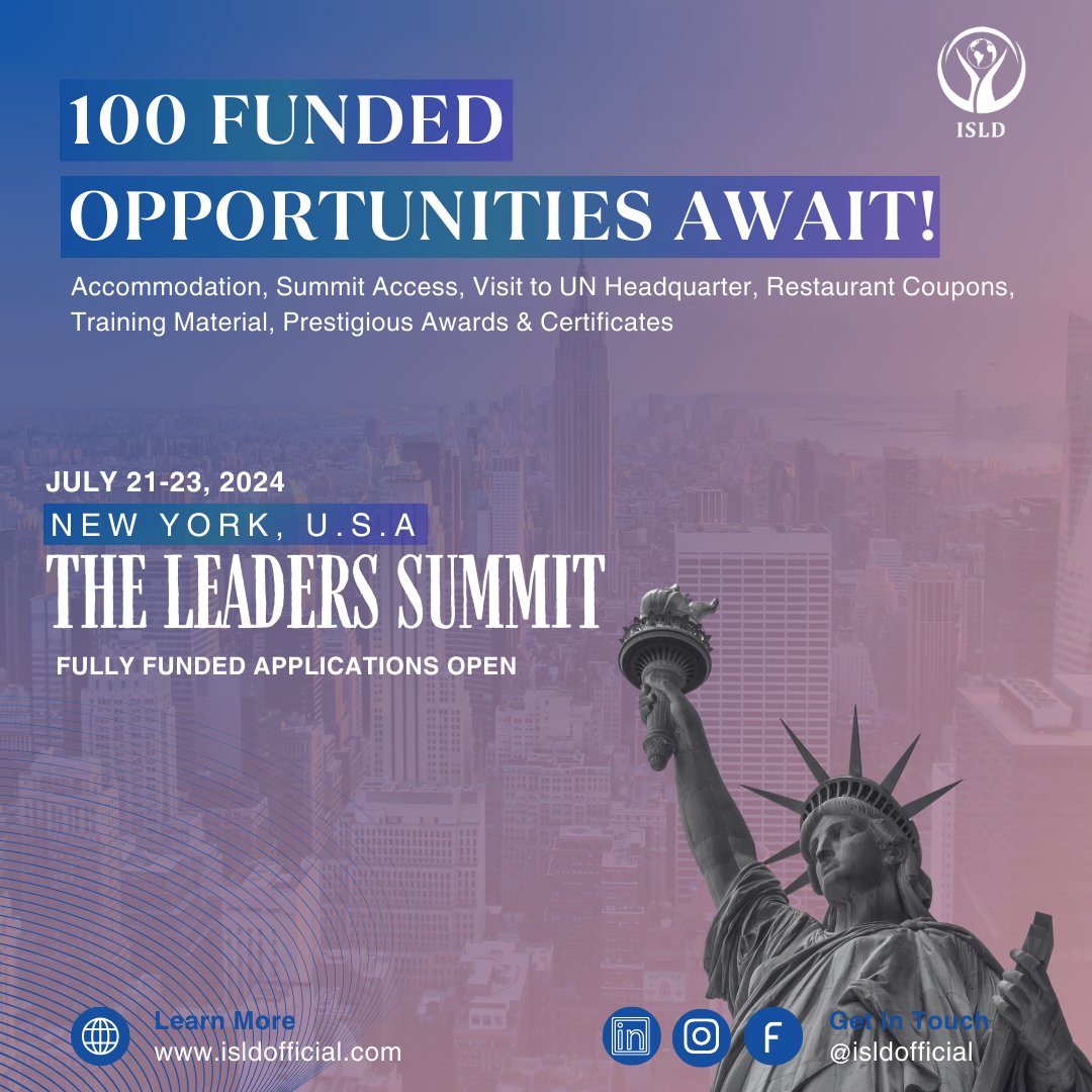 opportunitiesfy's tweet photo. 🚀 Transform your leadership at the Fully Funded Leaders Summit in New York! 🗽

📅 July 21–23, 2025
 ✅ Training, Certification, UN Tour &amp; More!
🔗 Apply by Dec 31, 2024: https://t.co/3lJG98j722

#TheLeadersSummit #Leadership #NewYork2025 https://t.co/UBv7PiV3Y8