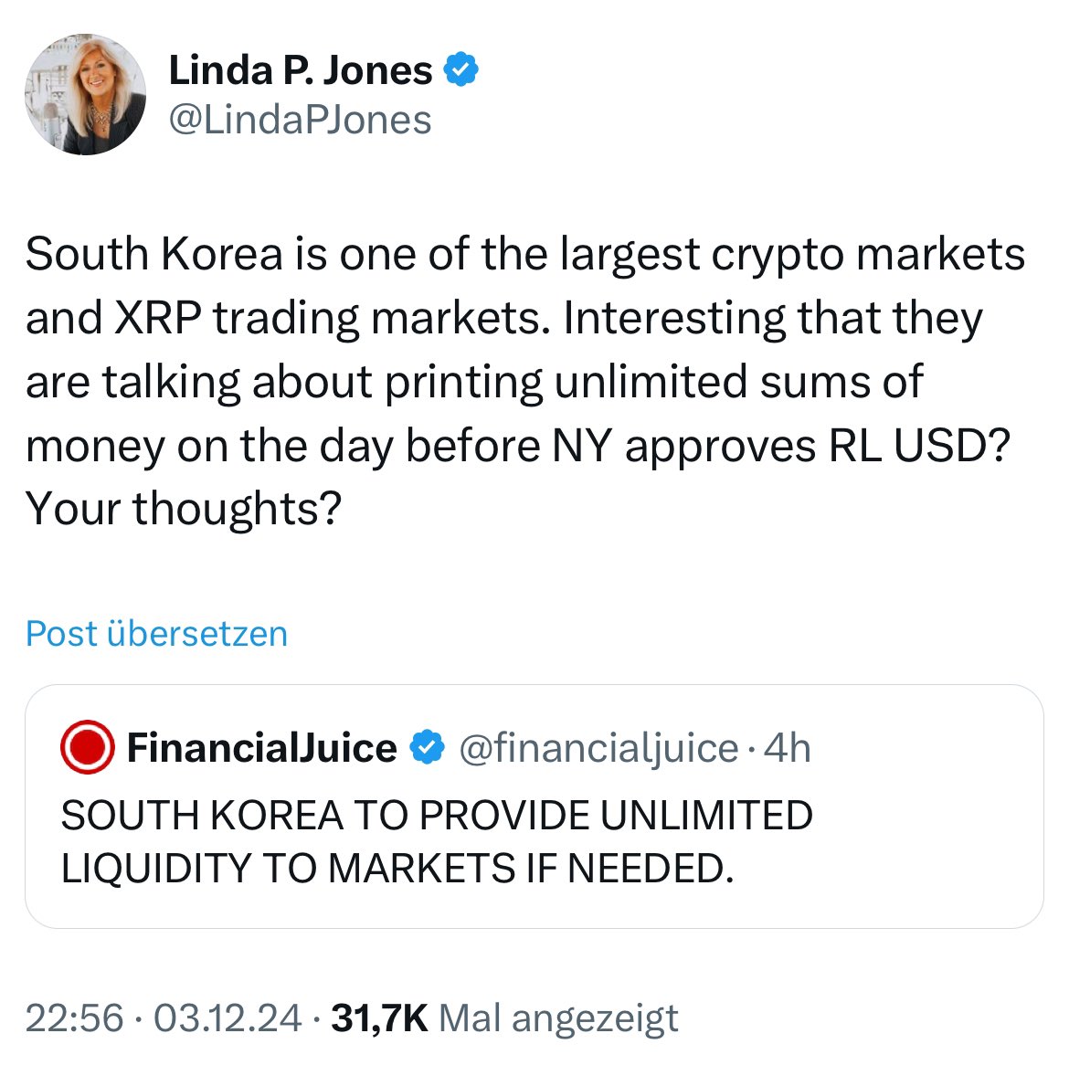 🚨 BREAKING:

WALL STREET EXPERT LINDA P. JONES SAYS IT‘S INTERESTING THAT SOUTH KOREA IS TALKING ABOUT PRINTING UNLIMITED SUMS OF MONEY ON THE DAY BEFORE NY APPROVES ‚RLUSD‘ 🤯

WILL SOUTH KOREA CHANGE EVERYTHING FOR #XRP? 🇰🇷