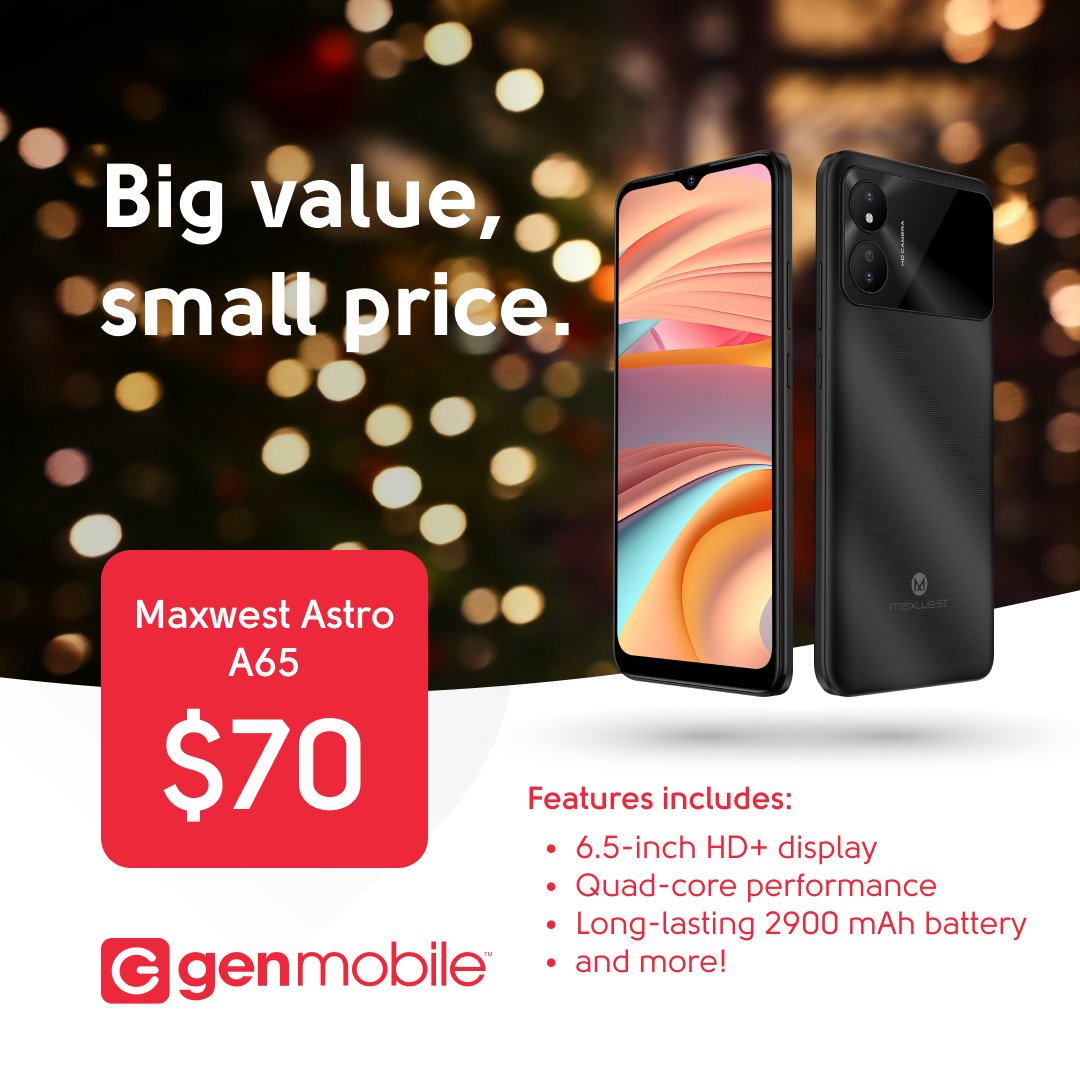 Looking for an affordable device with great features? The Maxwest Astro A65 offers impressive performance at just $70! Perfect for staying connected without overspending. Visit our site to learn more!

#Affordable #Device #Maxwest #Astro #A65 #Gift #Phone #Holiday #GenMobile