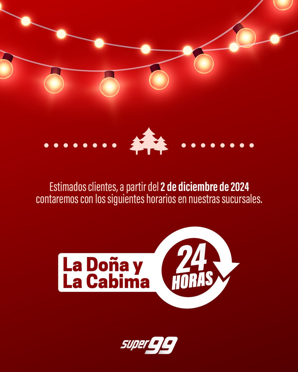 🎄¡Diciembre viene con horarios extendidos! 

Desde el 2 de diciembre, visita nuestras sucursales de La Doña y La Cabima en cualquier momento, ¡las 24 horas del día! 🌟🕛 

#Super99