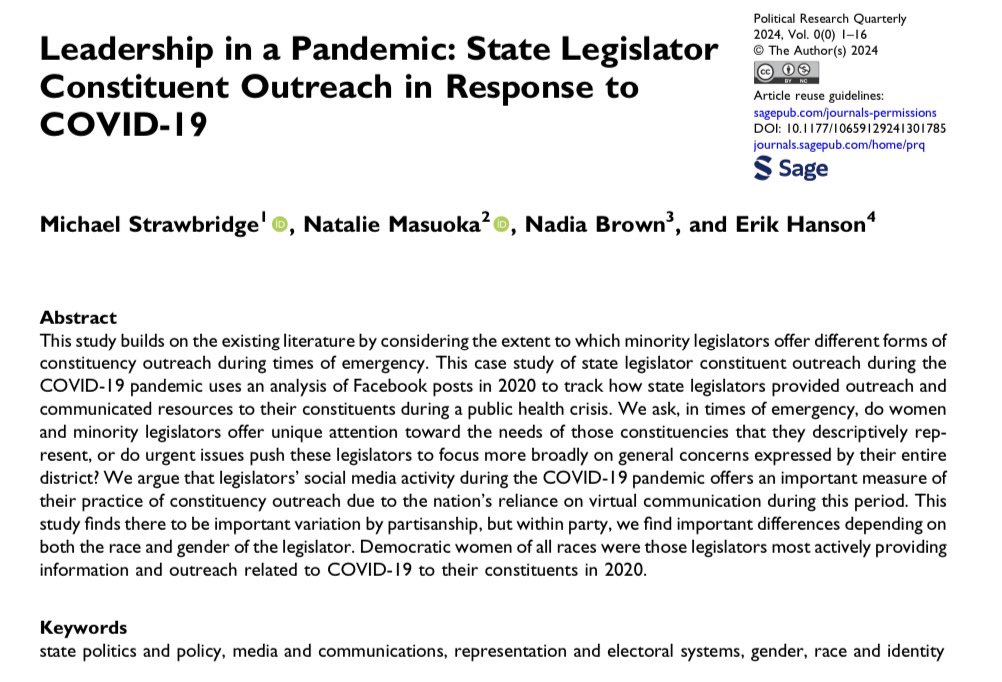 Michael Strawbridge (@mjstrawbridge) on Twitter photo I have a new article out <a href="/PRQjournal/">Political Research Quarterly</a>! We analyze state legislator Facebook posts during the height of the COVID-19 pandemic to show how women and minority legislators uniquely responded to the needs of their constituents during a time of crisis. I have a new article out <a href="/PRQjournal/">Political Research Quarterly</a>! We analyze state legislator Facebook posts during the height of the COVID-19 pandemic to show how women and minority legislators uniquely responded to the needs of their constituents during a time of crisis.