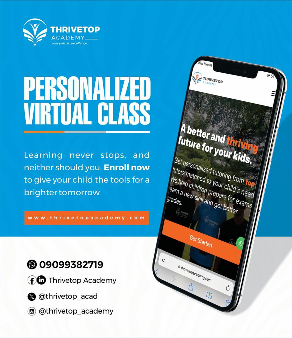 thrivetop_acad's tweet image. Experienced &amp;amp; Well-Trained Teachers for Virtual Learning
Empower your child’s education with personalized online lessons delivered by top-notch educators.
📱 WhatsApp: +2349099382719
📞 Call: 07044822539
Contact us today and watch your child thrive!
#education