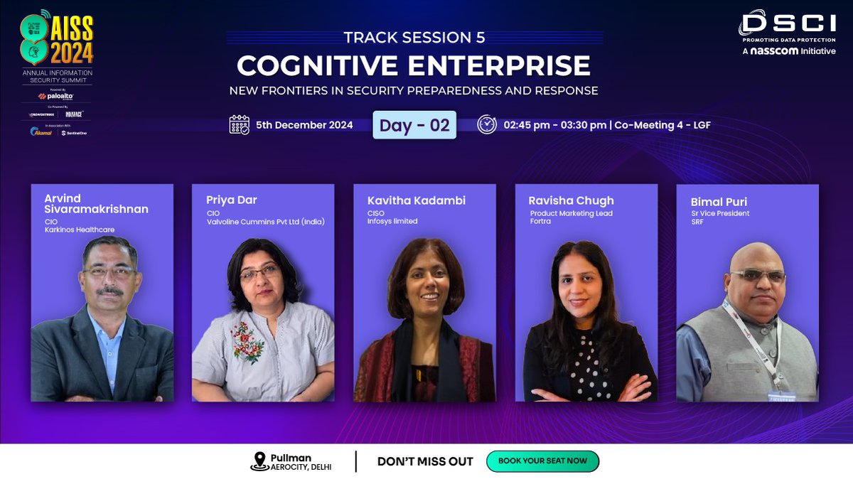 DSCI_Connect's tweet photo. Discover the power of Cognitive Enterprises at #AISS2024!

It's your chance to delve into 'New Frontiers in Security Preparedness and Response.'

🗓 Date: 5th December 2024
⏰ Time: 2:45 PM - 3:30 PM
📍 Venue: Co-Meeting 4, LGF, Pullman, Aerocity, Delhi

Don’t miss this dynamic session on the evolving strategies shaping the future of cybersecurity and enterprise resilience. Secure your spot now: https://t.co/hQEGlBHTvF

#CyberSecurity #CognitiveEnterprise #AISS2024 #EnterpriseResilience #DSCI