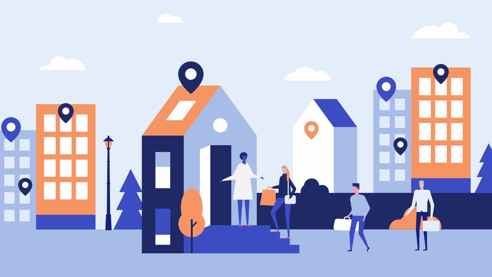 A cityscape illustration with individuals carrying luggage being welcomed into a home by a fourth individual.
