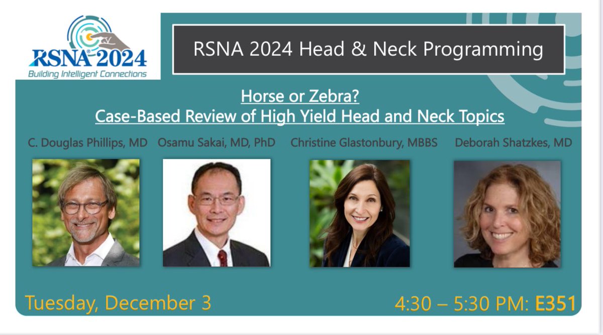 Hillary Kelly, MD (@hillaryrkelly) on Twitter photo Close out day 3 of #RSNA24 with this unbelievable lineup of #HNRad experts. Always one of our most popular sessions- come see thyroid, parathyroid, odontogenic, salivary and vascular lesions in a 🐴 vs. 🦓 showdown.
Moderated by <a href="/LizzRad/">Dr. Elizabeth George</a> in E351 at 4:30pm CST🥇🤩 Close out day 3 of #RSNA24 with this unbelievable lineup of #HNRad experts. Always one of our most popular sessions- come see thyroid, parathyroid, odontogenic, salivary and vascular lesions in a 🐴 vs. 🦓 showdown.
Moderated by <a href="/LizzRad/">Dr. Elizabeth George</a> in E351 at 4:30pm CST🥇🤩