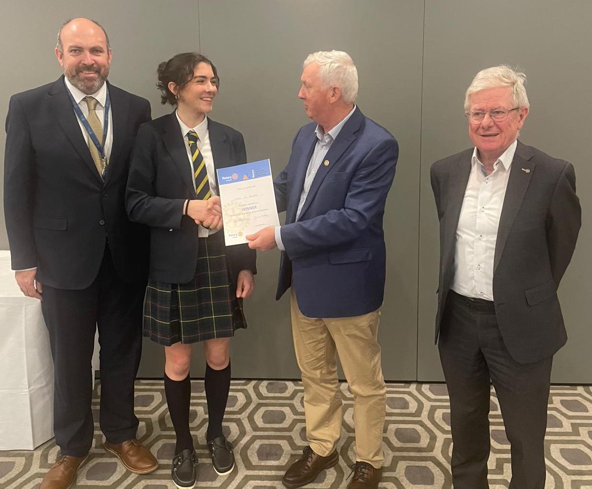 Congratulations to Grace Ua Bruadair - King’s Hospital School, receiving a scroll from Brian Fitzsimons, President Dublin-Fingal Rotary.  Grace’s father Cormac &amp; Adrian Gallagher, Rotary’s Youth Leadership Convenor. She will be on a trip to the European Parliament in Strasbourg.