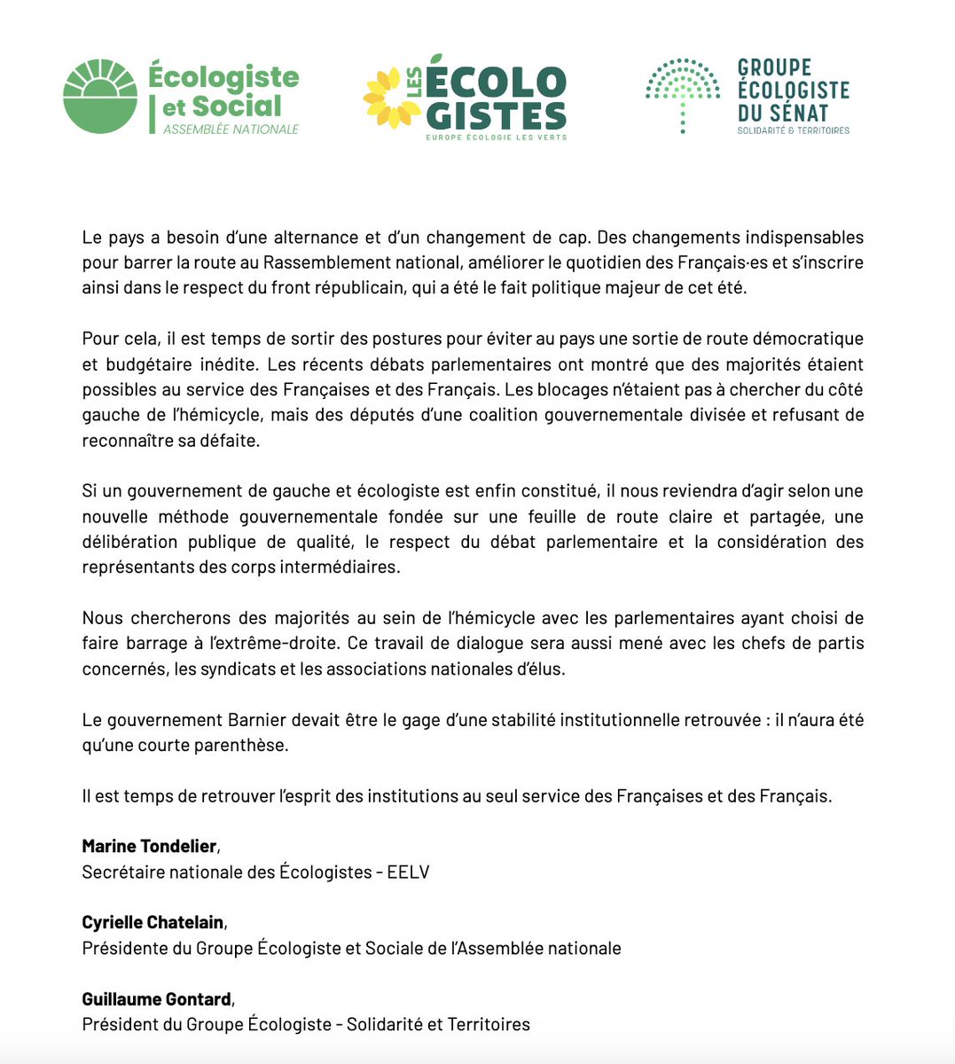 [COMMUNIQUÉ] ⤵️

Censure du gouvernement Barnier : réaction des Écologistes.

Avec <a href="/marinetondelier/">Marine Tondelier</a> @eelv <a href="/GuillaumGontard/">Guillaume Gontard</a> <a href="/Cyrielle_Chtl/">Cyrielle Chatelain</a> <a href="/Gpe_EcoloSocial/">Groupe Ecologiste et Social</a>