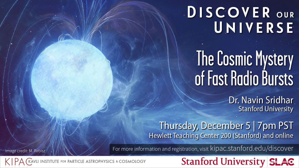 We're having a lecture this week about one of the biggest unsolved mysteries in the universe: short, intense radio flashes from space called Fast Radio Bursts (FRBs)! Come and watch KIPAC Postdoc Navin Sridhar discuss possible sources of FRBs this week! bit.ly/frb-dec5