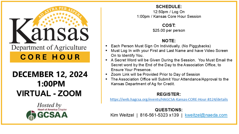 Are you still in need of the Kansas Core Hour to finish your credits for your Kansas Pesticide License Recertification? HAGCSA is hosting a virtual core hour to help check that box. Click the link for more info and to get signed up.  web.hagcsa.org/events/HAGCSA-…