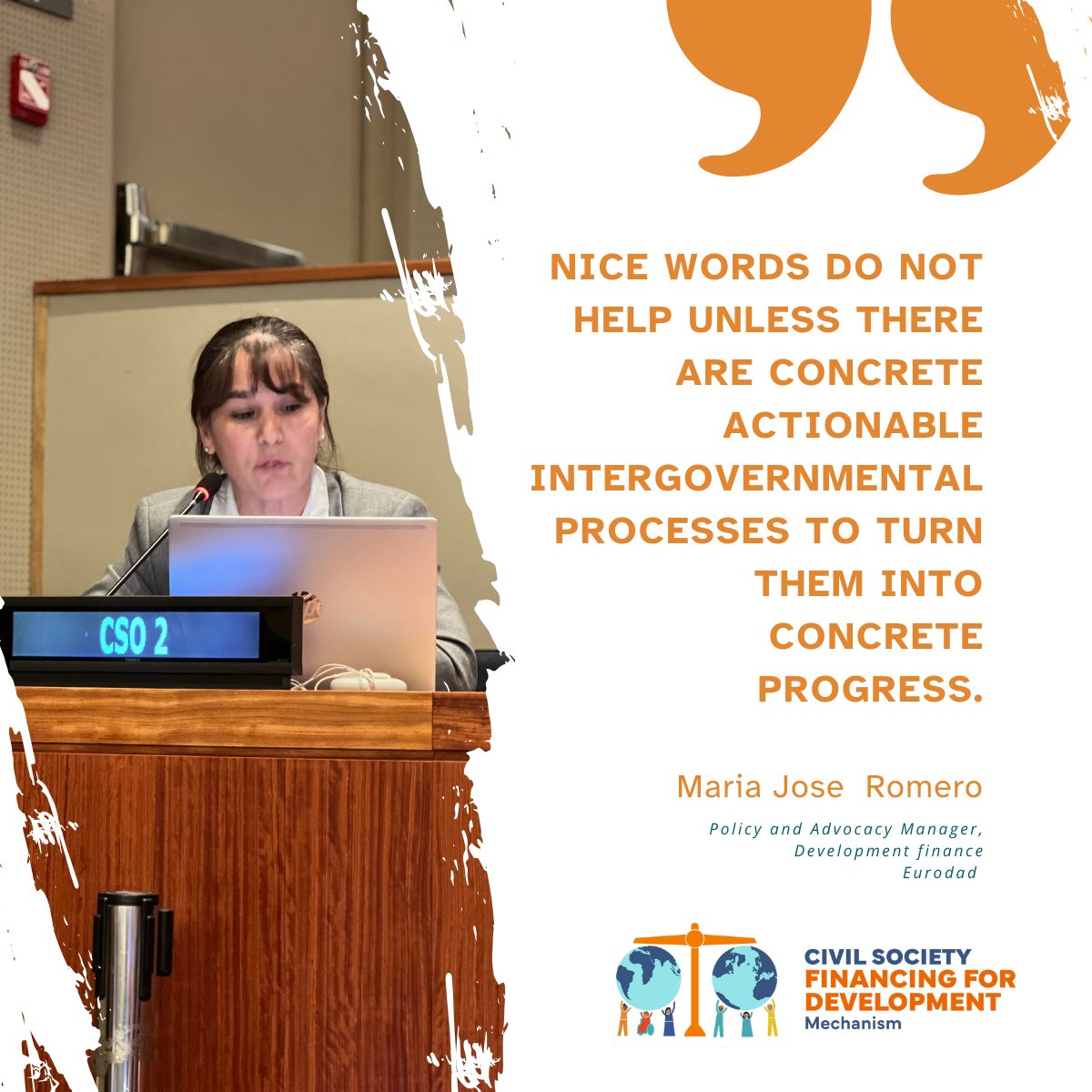 cs_ffd's tweet photo. During day 1 of the #FfD4 #2ndPrepCom María José Romero from @eurodad  underlined that the Elements Paper document misses concrete proposals to establish UN  processes, legal frameworks, norms and standards on financing for development. Read here: https://t.co/gfoQ4X8RTt https://t.co/nbWiTcoxdN