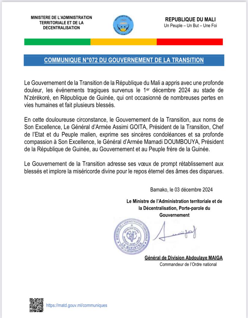 COMMUNIQUÉ Nº072 DU GOUVERNEMENT DE LA TRANSITION.