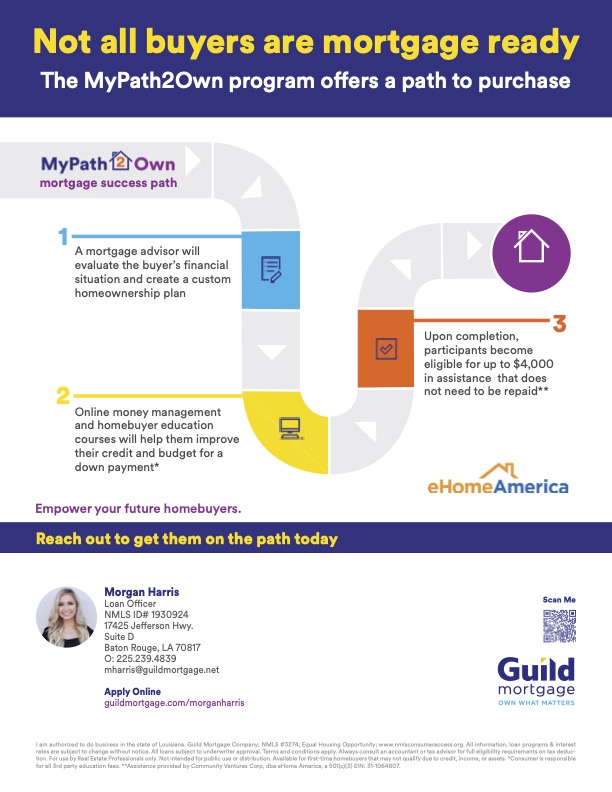 thestandardbr's tweet photo. Guild Mortgage is launching their MyPath2Own (MP2O) ‘Get Mortgage-Ready’ Homebuyer Preparedness Program. It provides an education-based PATH, for borrower prospects to become mortgage-ready customers.

For more info, contact Morgan Harris:
225-239-4839
mharris@guildmortgage.net https://t.co/NEtzg1L1p0