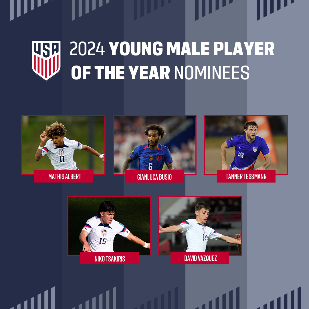 ussoccer's tweet image. Bright stars, bright futures. ✨

Your nominees for 2024 U.S. Soccer Young Male Player of the Year are…

🇺🇸 Mathis Albert
🇺🇸 @gbusio13
🇺🇸 @frantanjam5
🇺🇸 @Nikotsakiris30
🇺🇸 David Vazquez