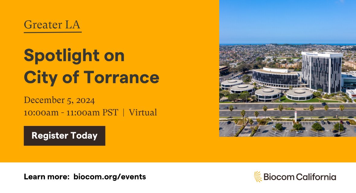 🔥 Join us this Thursday, 12.5.24 🗓️ for our “Spotlight on City of Torrance” #webinar 💻 💭 where we hear the latest #lifescience industry trends, challenges, and opportunities taking place in and around this beautiful South Bay city. Register Here ➡️ biocom.org/event/Spotligh… 🧫🧬
