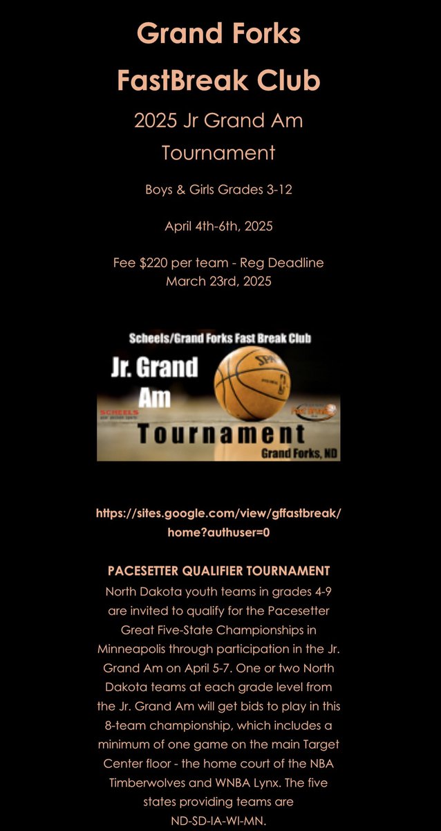 Mr. Pederson (@pederson_mr) on Twitter photo Registration is open for the 35th annual
Jr. Grand Am basketball tournament! Register now until March 23rd!
Come play the best teams from Canada, North Dakota, Minnesota and South Dakota! <a href="/gffastbreak/">GF Fast Break</a> Registration is open for the 35th annual
Jr. Grand Am basketball tournament! Register now until March 23rd!
Come play the best teams from Canada, North Dakota, Minnesota and South Dakota! <a href="/gffastbreak/">GF Fast Break</a>