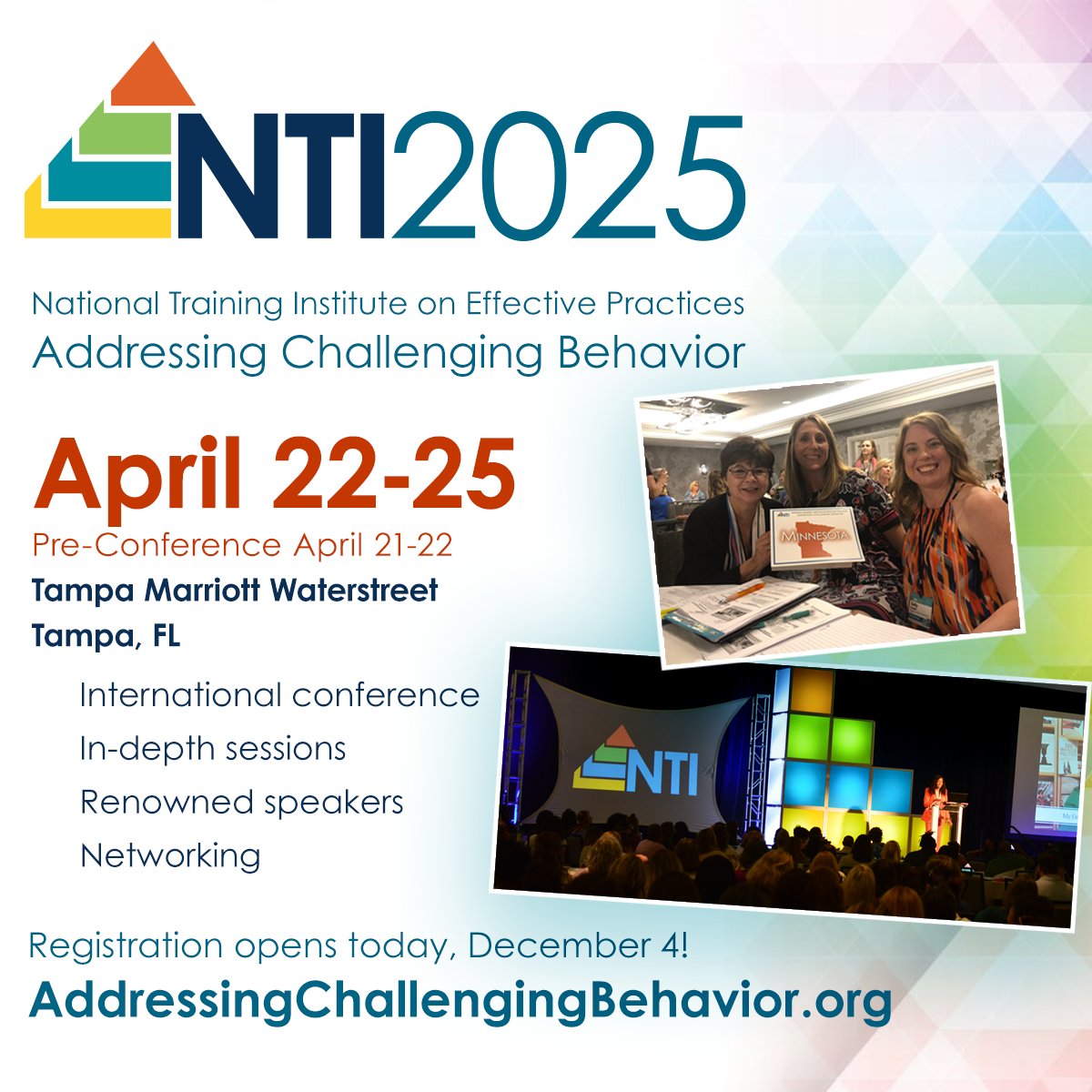PyramidModel's tweet image. NTI 2025 registration officially opens today!
From April 22-25, 2025, attend compelling in-depth sessions, listen to renowned speakers, and enjoy multiple networking opportunities.
Visit: AddressingChallengingBehavior.org
Space fills up quickly, make sure you register soon!
#PyramidModel