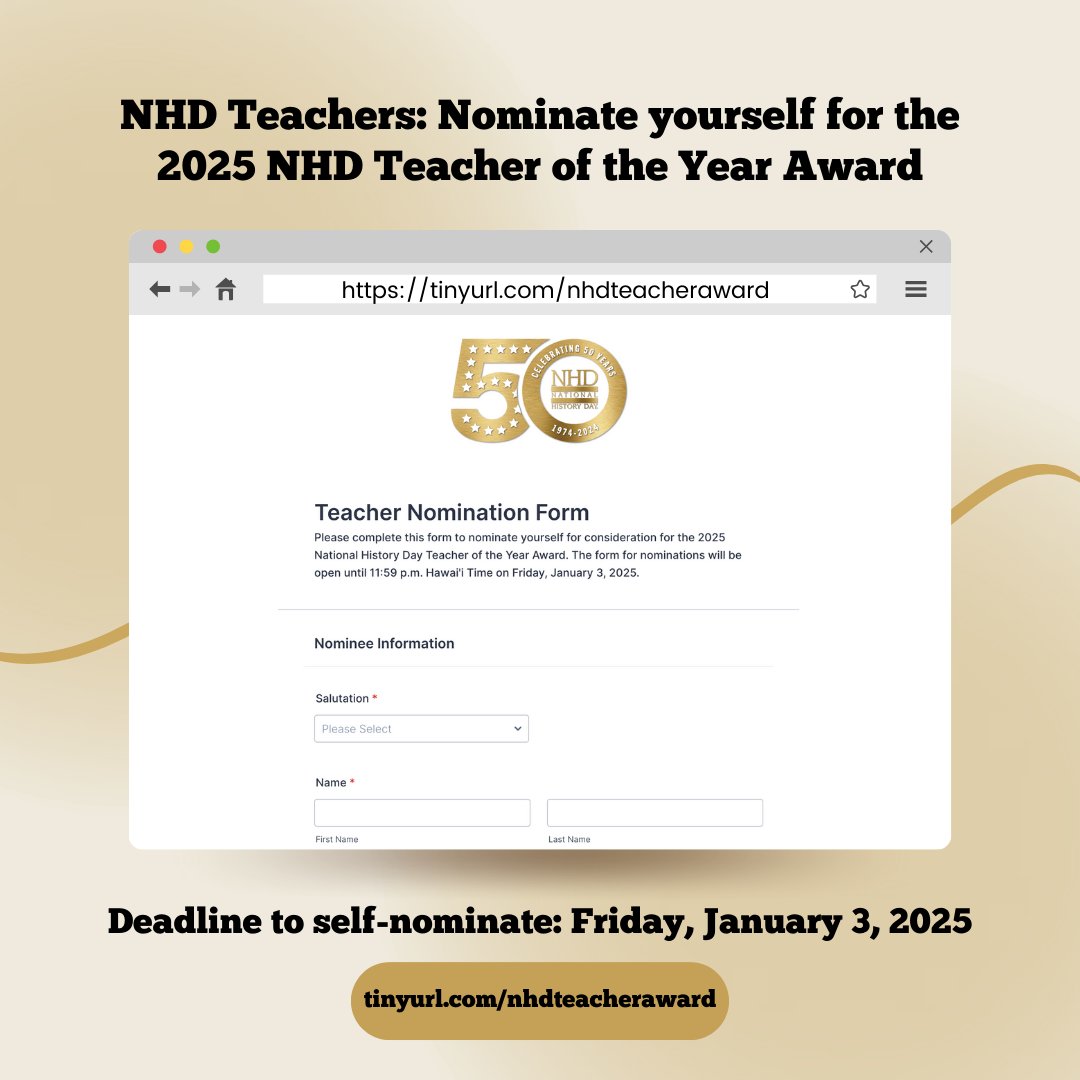 📢NHD's 2025 Teacher of the Year Award is open for self-nominations. Visit nhd.org/en/nhdteachera…, to learn more and submit your nomination by deadline.