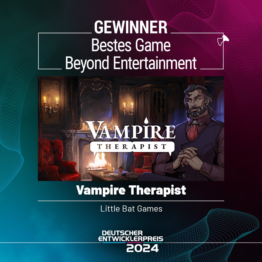 Der Gewinner in der Kategorie BESTES GAME BEYOND ENTERTAINMENT ist "Vampire Therapist" von <a href="/LittleBatGames/">Little Bat Games➡Vampire Therapist AVAILABLE NOW!</a>. #DEP2024