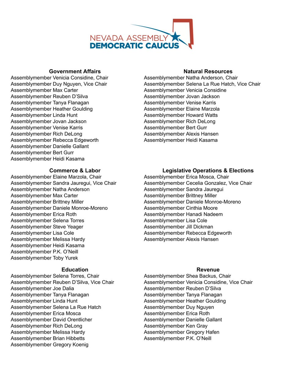 Here are the full Assembly Committee assignments for the upcoming #NVLeg Session, for those who have been asking. I'm looking forward to the work these committees are going to do up in Carson City.