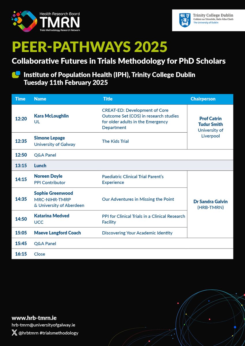 📢Calling all #TrialsMethodology #PhDScholars ✨

Join us for a fantastic line up of speakers to share updates &amp; inspire your PhD programme. 

📍 Trinity College Dublin
🗓️ Feb 11th 2025
💻hrb-tmrn.ie/training-educa… 

A fully refundable registration deposit of €20 applies.