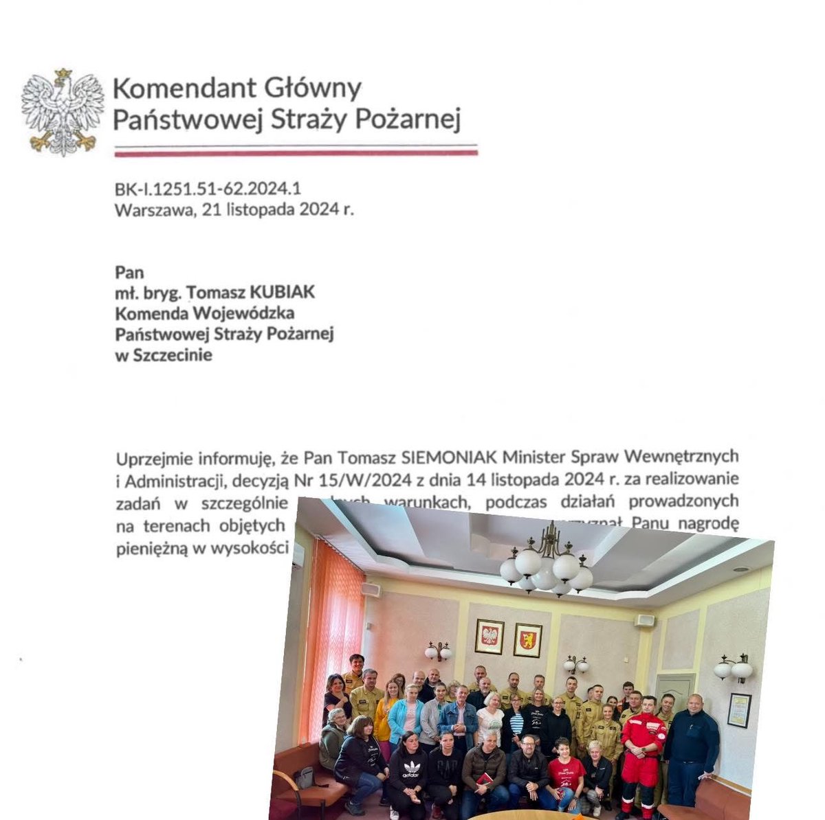 Kubiak_PSP's tweet photo. Dzięki wszystkim znajdującymi się na zdjęciu poniżej wspaniałym ludziom działającym w sztabie kryzysowym w Stroniu Śląskim, za co serdecznie im Dziękuję, miałem przyjemność odebrać dziś nagrodę od Ministra @MSWiA_GOV_PL Pana @TomaszSiemoniak. #kgpsp #zuw #stronieslaskie https://t.co/GvfTH01pO4