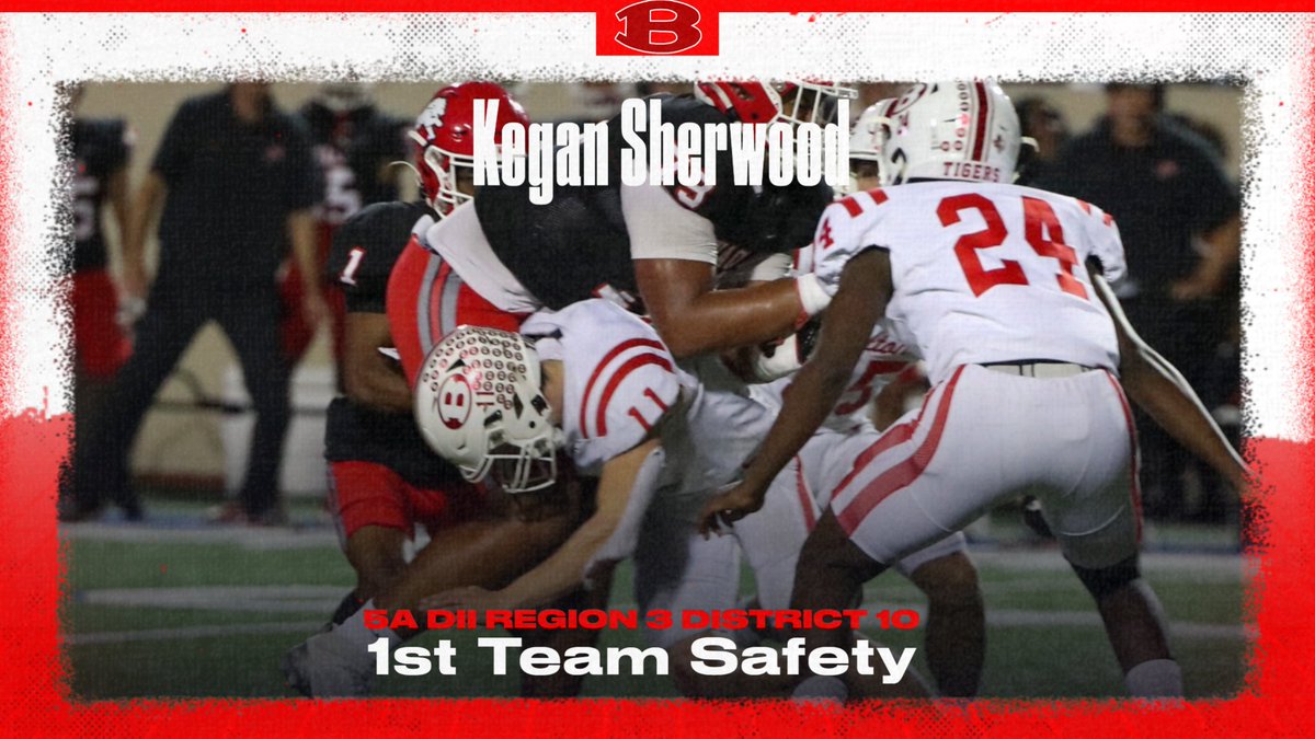 Congratulations to Kegan Sherwood on being named Utility Player of the Year for 5A DII District 10, and 1st team safety and KR! He recorded 81 tackles, 4 TFLs, 1 sack, 2 ints, 1 FR for a TD, 2 blocked FG, 6 blocked PATs, 3 Blocked Punts, and 25 car for 142 yds with 4 TDs #BTR