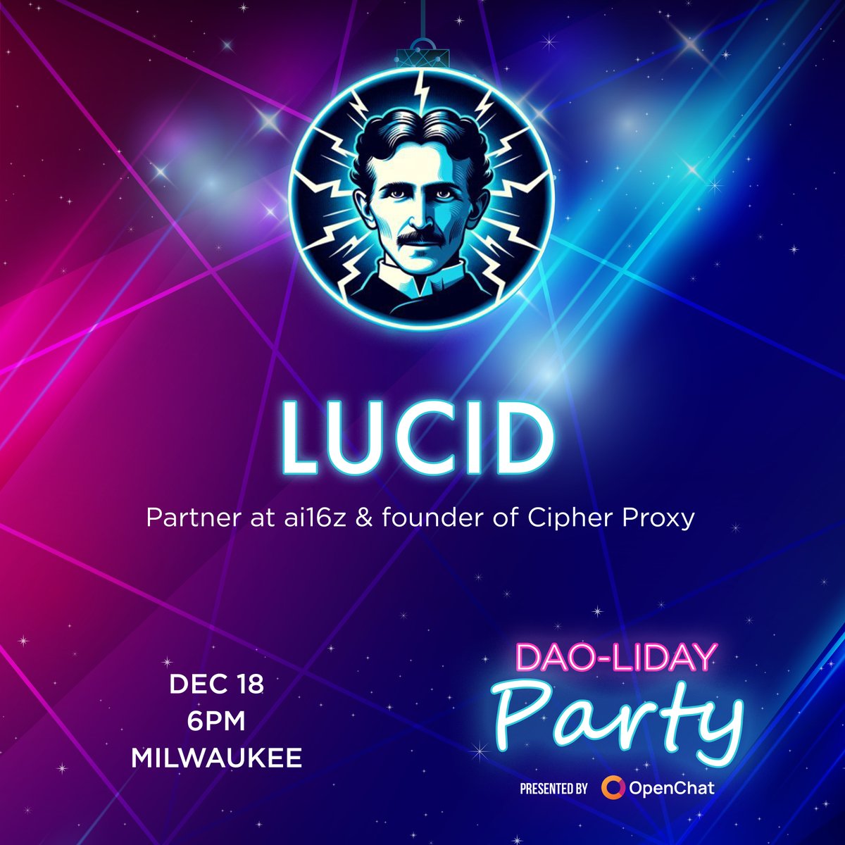 The_Swop's tweet image. Announcement 🚨 

We&apos;re excited to announce our next special guest &amp;amp; panelist @DreamingLucid22. He&apos;s a partner at ai16z &amp;amp; founder of Cipher Proxy  

Register below to join us at the DAO-liday Party presented by @OpenChat