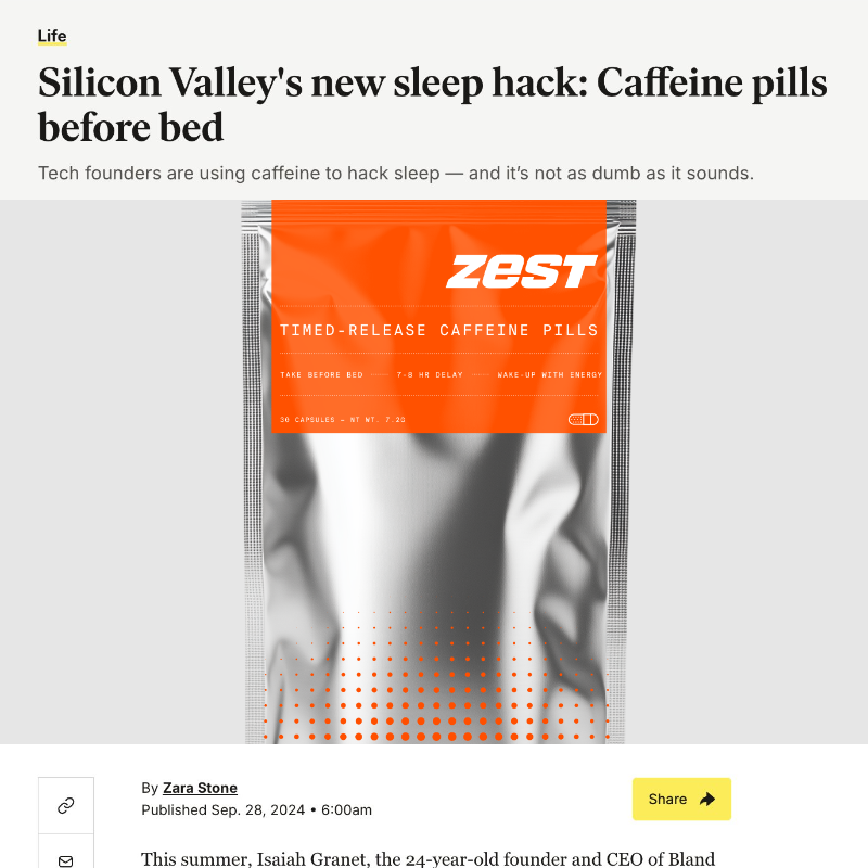 takezest's tweet photo. Not a morning person? Meet INSTANT morning energy.

Sleep scientists developed this 8-hour delayed release caffeine pill to help you wake up refreshed and already caffeinated.