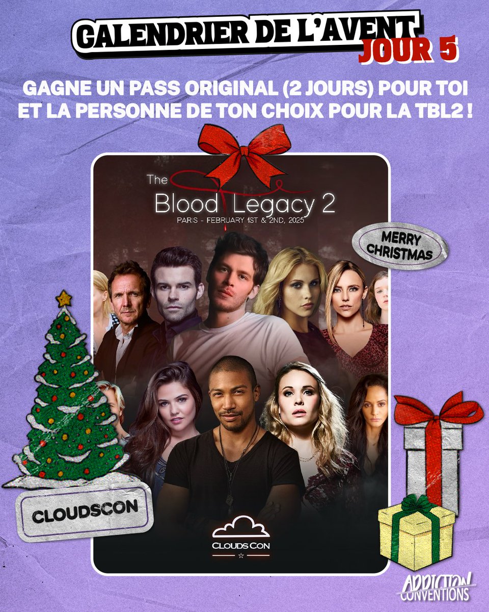 J5 #ACxChristmas #GIVEAWAY

Tente de gagner un pass 2 jours pour toi et la personne de ton choix pour la #TBL2 (#TVD, #TheOriginals, #Legacies) !

🎄 Follow <a href="/CloudsCon/">Clouds Con</a> et <a href="/AddictionConv/">Addiction Conventions</a>
🎄 RT ce tweet
🎄 Mentionne en commentaire la personne qui viendra avec toi !

Tirage au sort