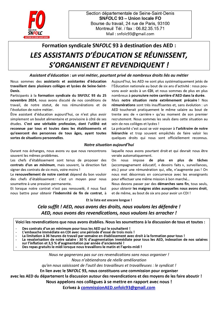 LES ASSISTANTS D’ÉDUCATION SE RÉUNISSENT, S’ORGANISENT ET REVENDIQUENT !

En lien avec le <a href="/SNFOLC93/">SNFOLC 93</a>, ils constituent une commission pour organiser avec les AED du département la discussion autour des revendications et des moyens de les faire aboutir.