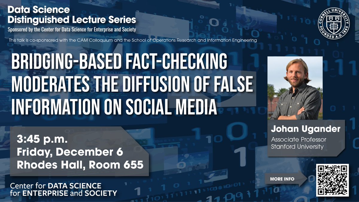 CornellDataSciC's tweet image. Johan Ugander of Stanford U. is our final data science distinguished lecturer of the year and CAM Colloquium alumni speaker. Talk is 12/6 at 3:45 p.m.
events.cornell.edu/event/cam-coll…