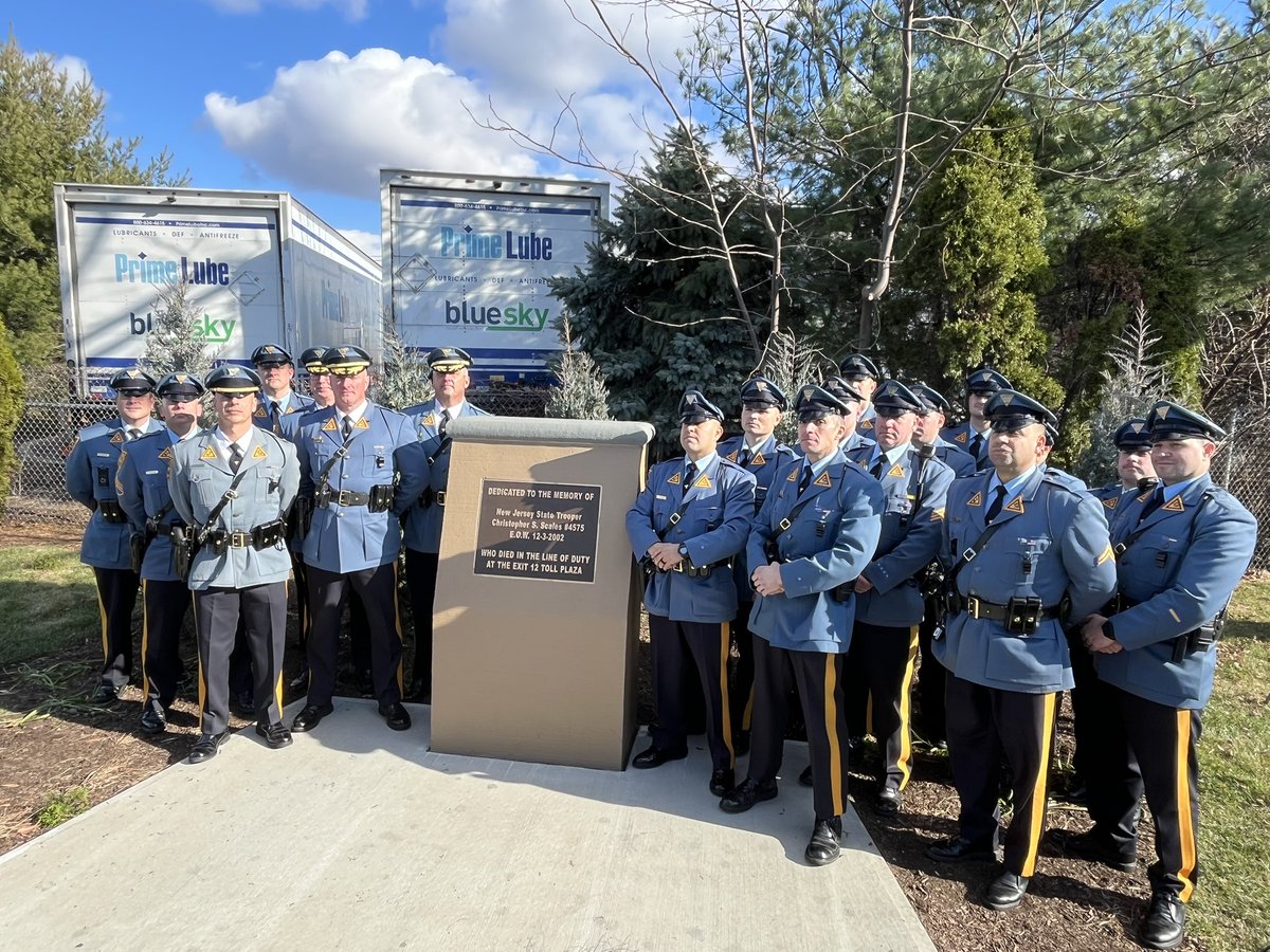 Today, on the 22nd anniversary of the line-of-duty death of Tpr. I Christopher Scales #4575, family, friends, and colleagues gathered to celebrate his life and legacy with the unveiling of a new monument to honor his memory.  Erected just a short distance from Turnpike
