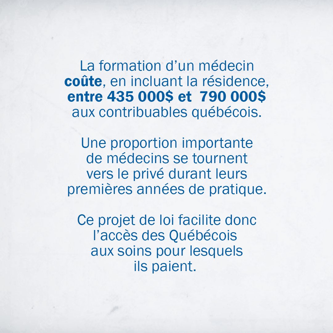 cdube2026's tweet photo. Nous devons améliorer l’accès à notre système public de santé, dont l’accès à un médecin.
C’est pourquoi nous avons déposé aujourd’hui un projet de loi pour obliger les nouveaux médecins omnipraticiens et spécialistes à travailler dans le réseau public, au Québec, pendant les cinq premières années après leurs études.
Les Québécois investissent de manière importante en temps et en argent pour former les médecins. Les places sont limitées et la formation s’étale sur de nombreuses années. Il est normal que les médecins redonnent à la collectivité après leurs études.
Le privé peut être complémentaire pour servir les Québécois plus efficacement, mais il y a des enjeux qui nous préoccupent. Le projet de loi est une première étape, nous vous reviendrons en début d’année 2025. Nous réfléchissons à différentes solutions, notamment concernant les allers-retours entre le public et le privé, et serons à l’écoute des commentaires des partenaires.