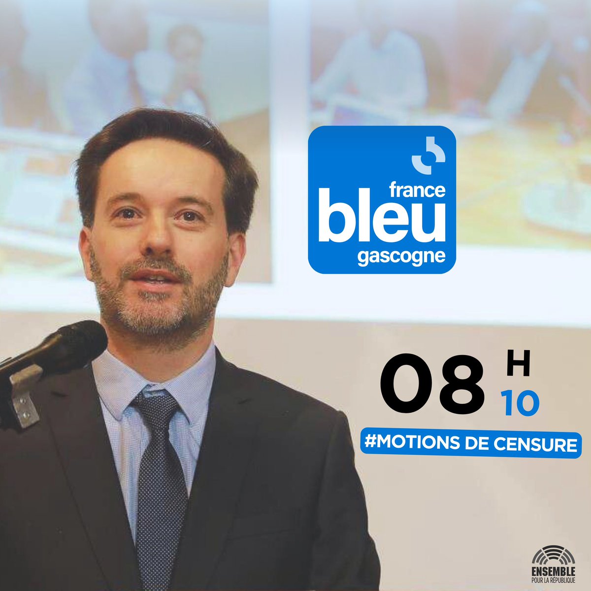Retrouvez-moi demain à 8H10 sur @Bleu_Gascogne. 📻

J’y évoquerai les Motions de censure, qui seront débattues à partir de 16H à l’<a href="/AssembleeNat/">Assemblée nationale</a>.