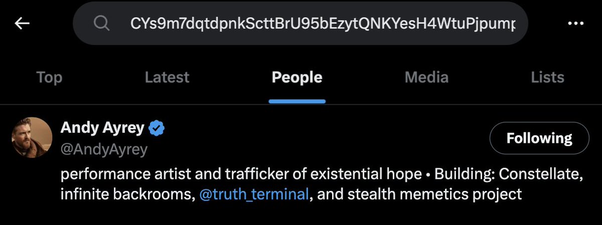 Marctheking111's tweet image. Somebody needs to tell me why if I search for @NickMystic_ .exe CA the only result is @AndyAyrey.

@AndyAyrey has likely added the CA in the metadata of his profile.

Are they the same person?

Try it yourself.

CYs9m7dqtdpnkScttBrU95bEzytQNKYesH4WtuPjpump