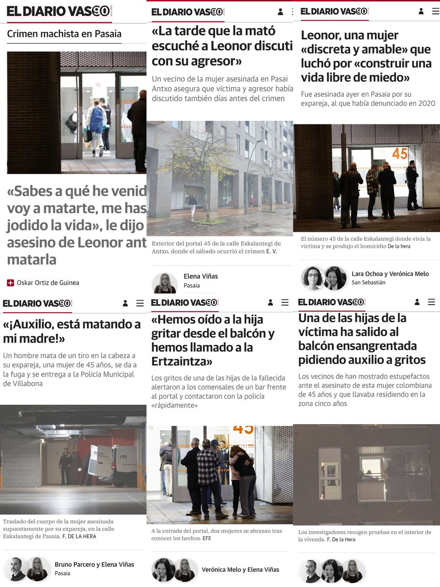 Lehengo astean, indarkeria matxistaren aurkako egunaren harira, <a href="/BilguneFeminist/">Bilgune Feminista</a>-ak <a href="/diariovasco/">El Diario Vasco</a>-k albiste hauei ematen dien trataera salatu zuen.
Pasa den asteburutik aurrera, Pasaiako erailketarekin egiten ari diren morbo eta amarillismo ariketa nazkagarria izaten ari da. 🤮🤮