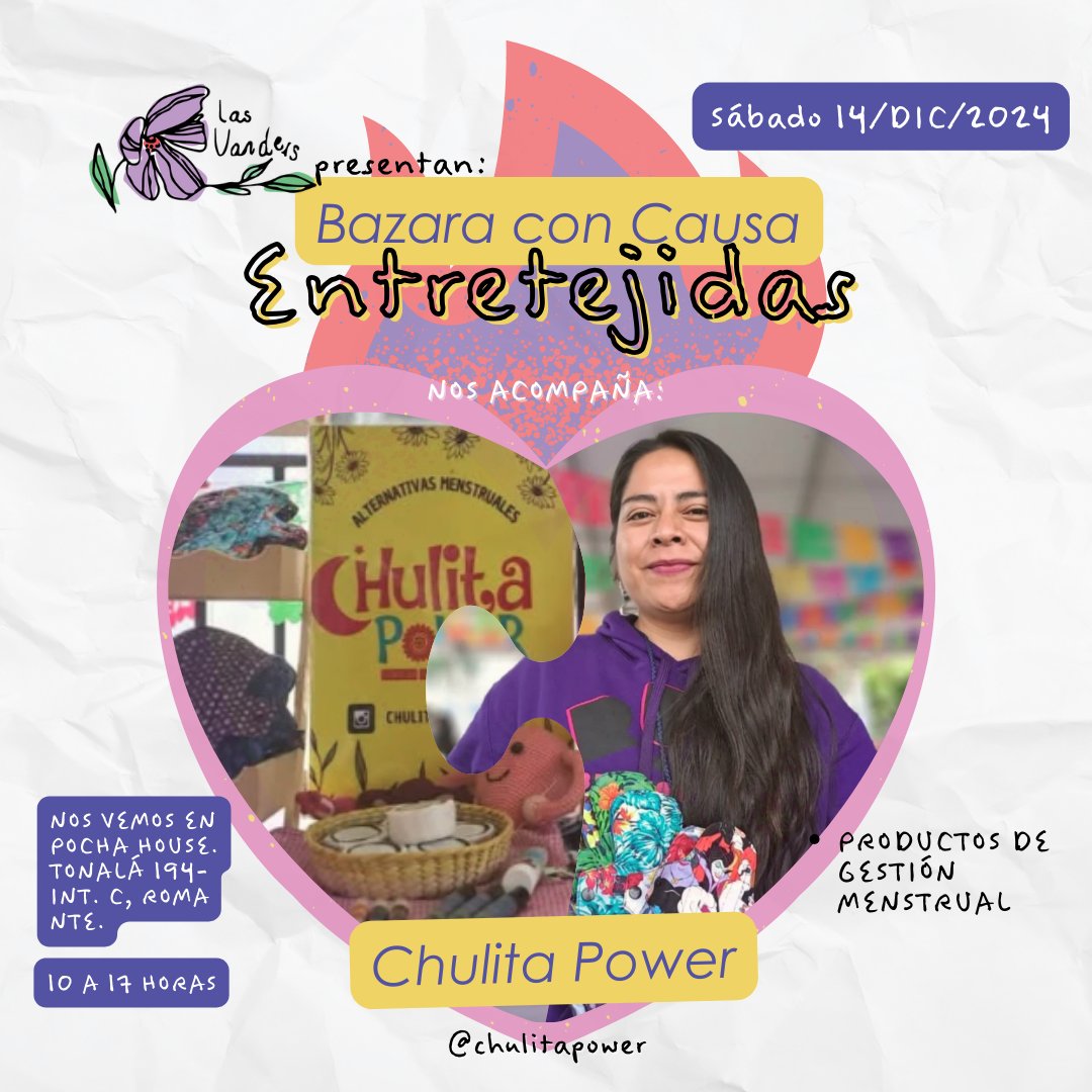 ✨ ¡Acompáñanos en ENTRETEJIDAS! 🛍️🎨

Un bazar con causa lleno de talento, como el de:
💪 Chulita Power, con productos para la gestión menstrual.

📅 14 de diciembre
⏰ 10 a 20 h
📍 Pocha House, Tonalá 194-C, Roma Norte, CDMX

💜 ¡Apoya y ENTRETEJÁMONOS!