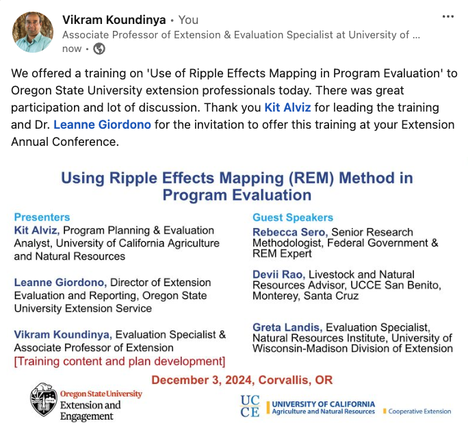 We offered a training on Use of Ripple Effects Mapping in Program Evaluation to Oregon State University extension professionals today. There was great participation and lot of discussion. Thank you <a href="/AlvizKit/">kit alviz</a> for leading this training. <a href="/ucanr/">Ag&Natural Resources</a> <a href="/ucdavisCAES/">CA&ES, UC Davis</a> <a href="/UCDHumanEcology/">UC Davis Human Ecology</a>