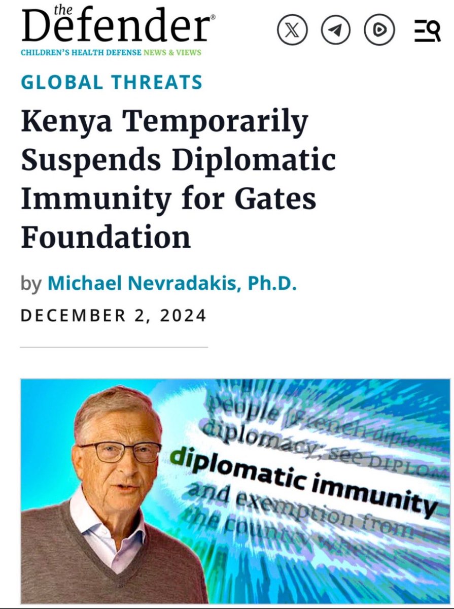 🚨🚨Mientras Holanda quiere arrestar a Bill Gates.  BOOOM 💥Ahora Kenia suspende la inmunidad diplomática de su fundación. 🥳👏👏👏

ARRESTEN a Gates por EXPERIMENTAR con la humanidad. 
ARRESTEN a Gates por CRÍMENES contra la humanidad. 🔥
