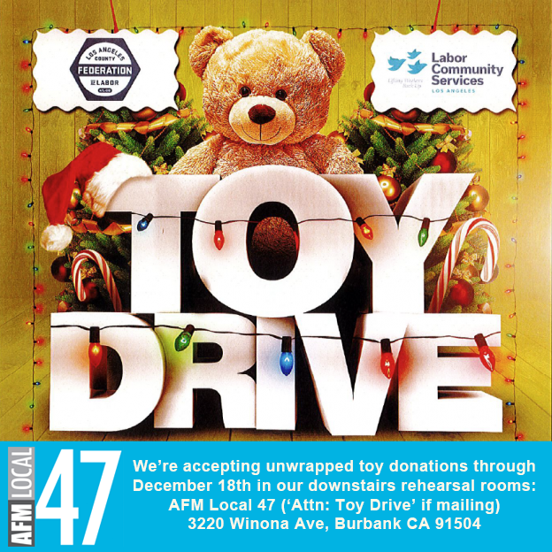 AFMLocal47's tweet photo. Spread joy with a toy! #AFM47 is proud to once again participate in the annual Toy Drive organized by @lcs_losangeles, the nonprofit arm of @LALabor. Donate an unwrapped toy to Local 47 by Dec. 18. For full details please visit https://t.co/oiDYZuyQJW https://t.co/qKw6ygurcY