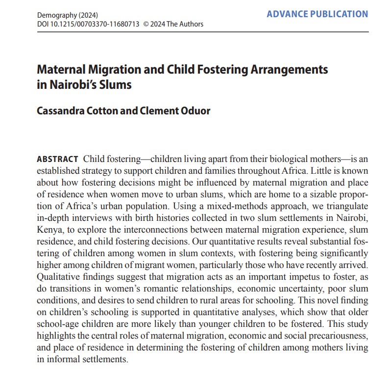 “Maternal Migration &amp; Child Fostering Arrangements in Nairobi’s Slums”: In this mixed-methods study, <a href="/CassandraCPhD/">Cassandra Cotton</a>  &amp; C Oduor examine "the role of maternal migration, economic precariousness &amp; place of residence” in child fostering. <a href="/ASUTheCollege/">The College of Liberal Arts and Sciences</a> @APHRC ow.ly/lMWj50Ukm3u